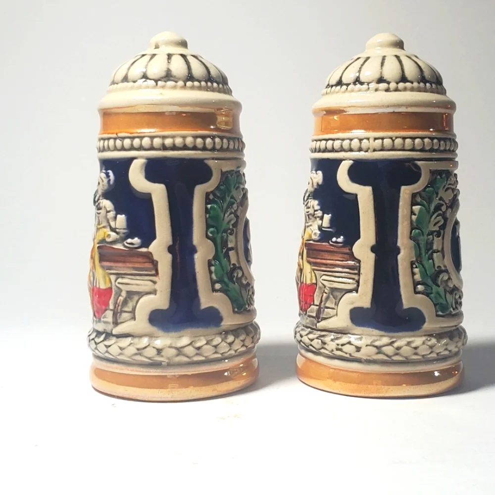 VINTAGE German Ceramic Beer Stein Shaped Salt & Pepper Shakers Hand Painted  EUC